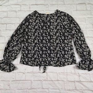 Sandy & Sid womens button down flounced long sleeve shirt black floral top sz M